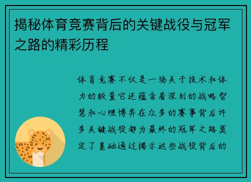 揭秘体育竞赛背后的关键战役与冠军之路的精彩历程