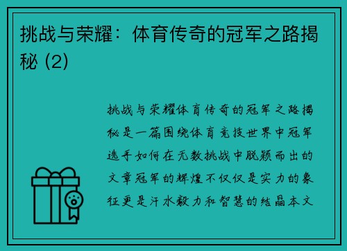 挑战与荣耀：体育传奇的冠军之路揭秘 (2)